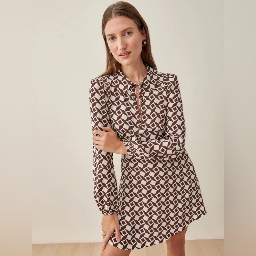 Reformation Will Mini Dress Tile Check Boho Retro Preppy Brown White Sz 10